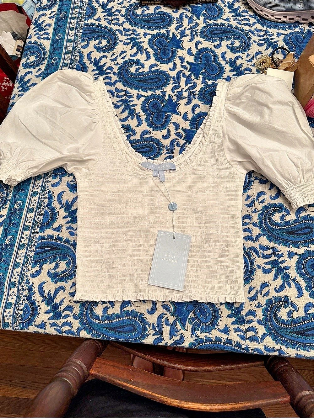 HILLHOUSE Textured Puff Sleeve Top in White NWT